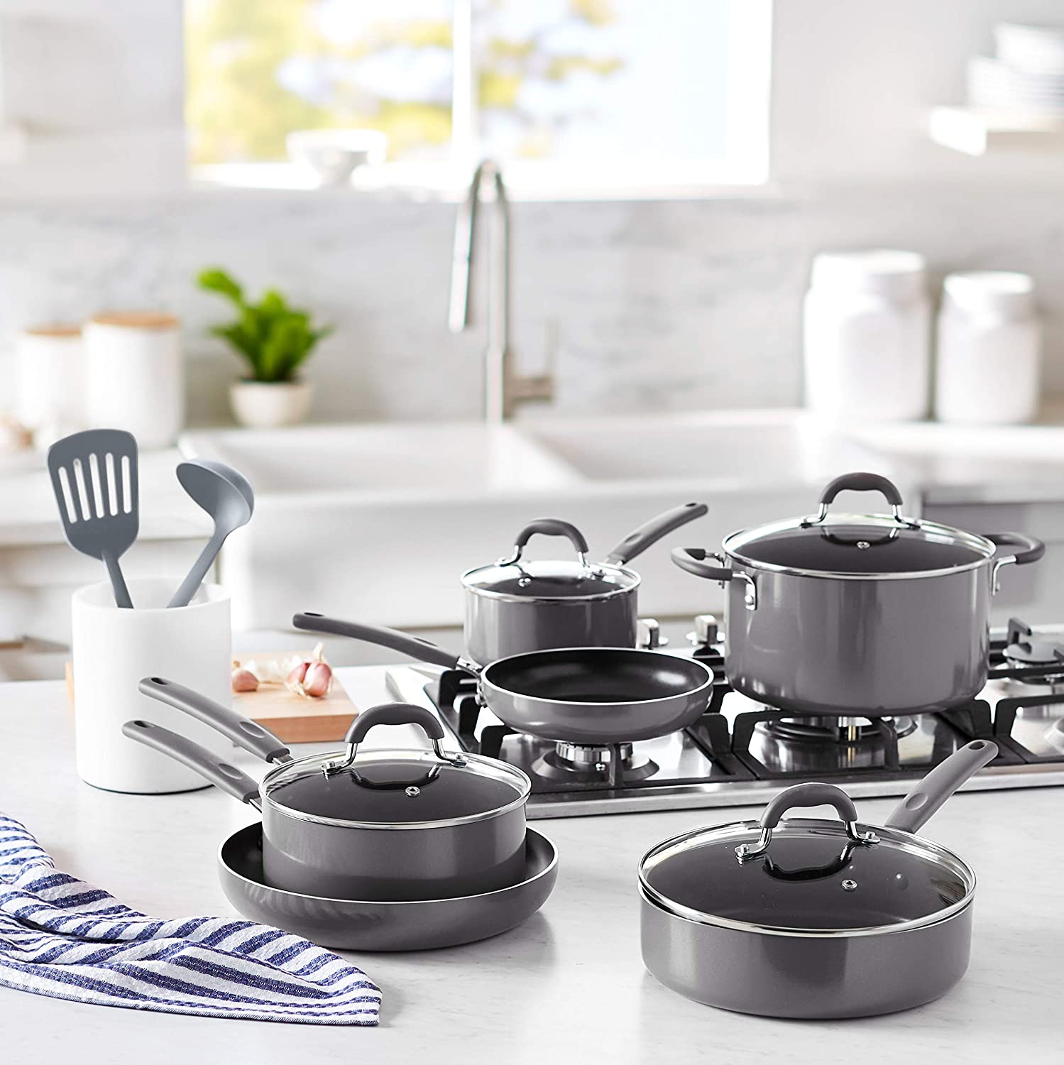 Basics Ceramic Non-Stick 12-Piece Cookware Set, Grey – Pots, Pans  and Utensils –